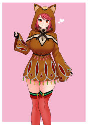 Rule 34 | 1girl, absurdres, animal hood, blush, breasts, brown hood, brown hoodie, feet out of frame, heart, highres, hood, hoodie, large breasts, long sleeves, looking at viewer, nintendo, pink background, pyra (xenoblade), red eyes, red hair, red thighhighs, short hair, smile, solo, swept bangs, the only shoe, thighhighs, xenoblade chronicles (series), xenoblade chronicles 2
