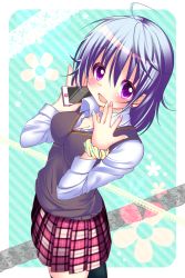 Rule 34 | 1girl, ahoge, bad id, bad pixiv id, black thighhighs, blue hair, breasts, cellphone, cleavage, flower, haruta (806060), highres, medium breasts, nail polish, open mouth, original, phone, polka dot, purple eyes, short hair, smartphone, smile, solo, striped, striped background, sweater vest, thighhighs, wristband