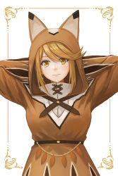 Rule 34 | 1girl, animal ears, animal hood, arms behind head, blonde hair, earrings, fake animal ears, highres, hood, jewelry, looking at viewer, mythra (xenoblade), nintendo, redpoke, solo, swept bangs, upper body, white background, xenoblade chronicles (series), xenoblade chronicles 2, yellow eyes
