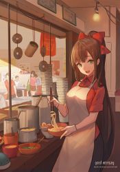 Rule 34 | 2girls, 3boys, :d, absurdres, apron, bowl, breasts, brown hair, cd, chopsticks, collared shirt, counter, cowboy shot, cup, day, food, gloves, green eyes, hair ribbon, hanging, hanging light, highres, holding, holding bowl, holding chopsticks, indoors, large breasts, light bulb, long hair, looking at viewer, md5 mismatch, mug, multiple boys, multiple girls, nekojira, noodles, open mouth, original, pants, photo (object), picture frame, ponytail, poster (object), pot, red ribbon, red shirt, resolution mismatch, ribbon, shirt, short hair, short sleeves, shorts, sidelocks, smile, solo focus, source smaller, standing, table, teeth, upper teeth only, very long hair, white apron, white gloves