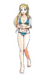 Rule 34 | 1girl, barefoot, bikini, blonde hair, blue bikini, blue eyes, blush, bottle, braid, breasts, cleavage, french braid, full body, hair ornament, hairclip, highres, holding, holding bottle, jacket, jacket over swimsuit, long hair, looking at viewer, medium breasts, nintendo, open clothes, open jacket, open mouth, pointy ears, princess zelda, sketch, solo, swimsuit, the legend of zelda, the legend of zelda: breath of the wild, wasabi (legemd)