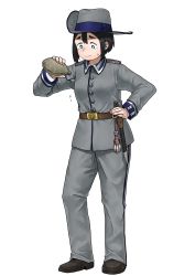 Rule 34 | 1girl, absurdres, anyan (jooho), belt, black footwear, black hair, blue eyes, buttons, canteen, closed mouth, full body, germany, grey hat, grey jacket, grey pants, hat, hearts of iron, highres, holding, jacket, kaiserreich, knife, military, military uniform, original, pants, schutztruppe, sheath, sheathed, shoes, short hair, simple background, solo, standing, straight hair, sweat, uniform, white background, world war i