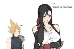 Rule 34 | 1boy, 1girl, beard, black hair, black skirt, blonde hair, blue eyes, blush, breasts, cloud strife, comic, commentary, dishwasher1910, earrings, elbow gloves, elbow pads, english commentary, eyes visible through hair, facial hair, final fantasy, final fantasy vii, final fantasy vii remake, fingerless gloves, gloves, hair between eyes, highres, jewelry, large breasts, long hair, low-tied long hair, midriff, pencil skirt, red eyes, shirt, short hair, skirt, spiked hair, suspender skirt, suspenders, tagme, tank top, taut clothes, taut shirt, tifa lockhart