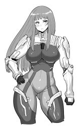 Rule 34 | 00s, 1girl, blunt bangs, bodysuit, breasts, curvy, female focus, hand on own hip, highres, ken marinaris, konami, large breasts, long hair, monochrome, pilot suit, simple background, solo, standing, synecdoche, white background, wide hips, zone of the enders, zone of the enders 2