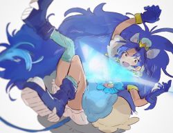 Rule 34 | 10s, 1girl, air guitar, animal ears, asymmetrical footwear, bad id, bad pixiv id, blue eyes, blue gloves, blue hair, blue neckwear, blurry, boots, choker, crown, cure gelato, depth of field, earrings, extra ears, food-themed hair ornament, full body, gloves, hair ornament, half-closed eye, highres, jewelry, kebe6p, kirakira precure a la mode, lion ears, lion tail, long hair, magical girl, mismatched footwear, open mouth, precure, simple background, smile, solo, tail, tategami aoi, thighs, uneven eyes