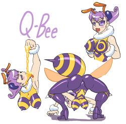 Rule 34 | 1girl, :3, antennae, arthropod girl, ass, bee girl, bodysuit, boots, breasts, capcom, covered erect nipples, extra eyes, flipped hair, fur collar, high heel boots, high heels, highres, honey, insect girl, insect wings, large breasts, monster girl, no pupils, pantyhose, purple hair, purple pantyhose, q-bee, short hair, sleeveless, solo, spikes, stinger, vampire (game), wings