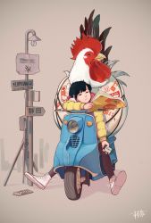 Rule 34 | 1girl, absurdres, animal, artist name, bird, black hair, black pantyhose, brown background, cellphone, chicken, chinese zodiac, earbuds, earphones, full body, high tops, highres, holding, holding map, holding phone, jacket, jpeg artifacts, long sleeves, map, motor vehicle, original, oversized animal, pantyhose, phone, rooster, scooter, shima (landsuzume), shoes, short hair, signpost, smartphone, sneakers, solo, sticker, translation request, white footwear, year of the rooster, yellow jacket