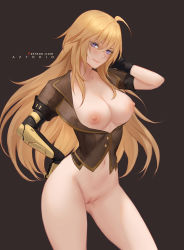 Rule 34 | 1girl, ahoge, arm up, artist name, aztodio, black gloves, blonde hair, blush, bottomless, breasts, breasts out, brown jacket, censored, cleft of venus, closed mouth, coat, collarbone, contrapposto, cowboy shot, gloves, highres, jacket, large breasts, long hair, mosaic censoring, naked coat, navel, nipples, no bra, open clothes, open jacket, prosthesis, prosthetic arm, purple eyes, pussy, rwby, short sleeves, single glove, smile, solo, stomach, very long hair, yang xiao long