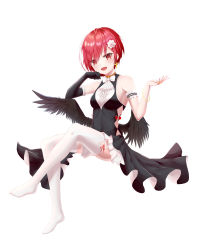 Rule 34 | 1girl, absurdres, bare shoulders, black dress, black gloves, black wings, breasts, commentary request, dress, elbow gloves, fang, flower, gloves, hair flower, hair ornament, highres, looking at viewer, medium breasts, original, red eyes, red hair, sarika, short hair, simple background, single elbow glove, single glove, smile, thighhighs, two-tone dress, white background, white dress, white flower, white thighhighs, wings