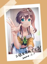 Rule 34 | absurdres, ahoge, anniversary, black camisole, blue eyes, bow, brown hair, camisole, cat hair ornament, dated, flat chest, green bow, hair between eyes, hair ornament, highres, hololive, jacket, joeychen, medium hair, natsuiro matsuri, natsuiro matsuri (1st costume), off-shoulder jacket, off shoulder, pantyhose, polaroid, selfie, side ponytail, skirt, solo, tape, v, virtual youtuber, white skirt, writing, yellow jacket