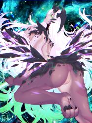 Rule 34 | 1girl, animal hands, ass, crown, crystals, dollachan, dota (series), dota 2, eyeliner, green eyes, green hair, highres, long hair, magical girl, makeup, multicolored hair, outworld devourer, pussy, staff, talons, white hair, wings