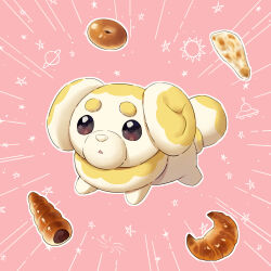 Rule 34 | :o, bagel, bread, brown eyes, commentary request, creatures (company), croissant, emphasis lines, fidough, food, full body, game freak, highres, kaminokefusa, looking at viewer, nintendo, no humans, open mouth, outline, pink background, planet, pokemon, pokemon (creature), simple background, solo, star (symbol), sun symbol, triangle mouth, ufo, white outline
