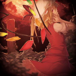 Rule 34 | 1girl, back, blonde hair, cover, crystal, fang, flandre scarlet, hat, hat ribbon, ibuki notsu, looking at viewer, mob cap, moon, open mouth, pointy ears, profile, puffy sleeves, red eyes, red moon, ribbon, shirt, short hair, short sleeves, side ponytail, skirt, skirt set, smile, solo, touhou, vest, wings