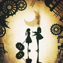 Rule 34 | 1boy, 1girl, abstract background, from side, gradient background, harada miyuki, looking at another, monochrome, moon, standing, tagme