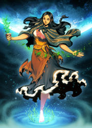 Rule 34 | 1girl, barefoot, black hair, braid, brown eyes, capelet, dark-skinned female, dark skin, dress, earth (planet), full body, genzoman, incan mythology, leaf, long hair, outstretched arms, pachamama, planet, plant, sash, sidelocks, solo, space, spread arms, sprout, star (sky), tan, tassel, twin braids