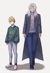 Rule 34 | 2boys, age difference, arinta, blonde hair, blue eyes, closed eyes, dark-skinned male, dark skin, denim, full body, green sweater, grey hair, highres, jacket, jeans, kingdom hearts, kingdom hearts ii, long hair, male focus, multiple boys, open clothes, open jacket, pants, pointy ears, print sweater, red socks, roxas, shirt, socks, spiked hair, sweater, turtleneck, turtleneck sweater, xemnas