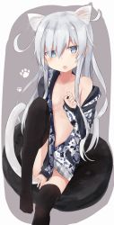 Rule 34 | 1girl, alternate costume, animal ears, black thighhighs, camouflage, camouflage jacket, cat ears, cat tail, collarbone, extra ears, eyes visible through hair, grey eyes, hair between eyes, hibiki (kancolle), highres, jacket, kantai collection, long hair, long sleeves, looking at viewer, navel, open clothes, silver hair, sitting, solo, tail, thighhighs, yuki (yukin0128)
