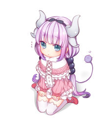 Rule 34 | 10s, 1girl, beads, blue eyes, capelet, child, deanna 2, dragon girl, flying sweatdrops, frills, full body, gradient hair, hair beads, hair ornament, hairband, horns, kanna kamui, kobayashi-san chi no maidragon, light purple hair, long hair, looking at viewer, low twintails, multicolored hair, seiza, sitting, solo, tail, thighhighs, twintails, very long hair, white thighhighs