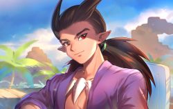 Rule 34 | 1boy, artist name, bare pectorals, brown hair, closed mouth, commentary, day, dragon quest, dragon quest builders 2, english commentary, jacket, jewelry, kaze-hime, long hair, looking at viewer, male focus, open clothes, open jacket, outdoors, pectorals, pendant, ponytail, purple jacket, red eyes, sidoh (dqb2), sitting, smile, solo, upper body