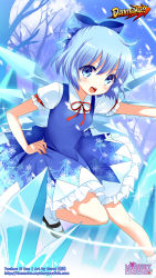 Rule 34 | 1girl, artist name, blue dress, blue eyes, blue hair, blush, cirno, copyright name, danmaku!!, dress, hair ribbon, highres, ice, ice wings, kurot, mary janes, matching hair/eyes, open mouth, outstretched arm, puffy sleeves, ribbon, shoes, short hair, short sleeves, smile, snowflakes, socks, solo, sparkle, text focus, touhou, watermark, web address, white socks, wings