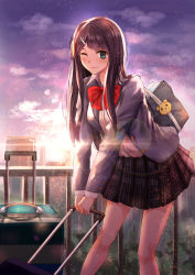 Rule 34 | 1girl, ;), bag, bag charm, blue eyes, blurry, blurry background, bow, brown hair, brown skirt, charm (object), hair ornament, hairclip, highres, lens flare, long hair, looking at viewer, luggage, one eye closed, original, outdoors, plaid, plaid skirt, purple sky, railing, red bow, school bag, school uniform, skirt, sky, smile, solo, standing, uniform, yuzuriha (atelier liang)