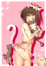 Rule 34 | 1girl, ;d, animal, animal ears, animal on head, bad id, bad pixiv id, blush, brown hair, cat, cat ears, cat on head, cat tail, character name, commentary request, fang, green eyes, highres, holding, holding animal, idolmaster, idolmaster cinderella girls, long sleeves, maekawa miku, mitsuki (omezame alice), on head, one eye closed, open mouth, pink background, short hair, simple background, smile, standing, tail