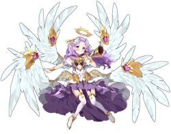 Rule 34 | 1girl, angel, angel wings, ark order, artist request, bandaged arm, bandages, bangs pinned back, bare shoulders, black bra, blue eyes, blush, boots, bra, bracelet, center opening, closed mouth, dress, expressionless, feathered wings, full body, gold trim, halo, head wings, high heel boots, high heels, holding, holding instrument, horn (instrument), instrument, jewelry, long hair, multiple wings, official art, purple hair, raguel (ark order), short sleeves, solo, tachi-e, thighhighs, transparent background, underwear, very long hair, white dress, white footwear, white thighhighs, white wings, wings