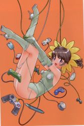 Rule 34 | 1girl, boots, brown hair, computer, controller, falling, game controller, green footwear, hair ornament, high heels, legs, leotard, long hair, looking at viewer, original, ponytail, shoes, smile, solo, wire, yoshizaki mine