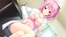 Rule 34 | 1girl, blush, breasts, character request, cleavage, female focus, game cg, hair ribbon, hair up, lab coat, crossed legs, looking at viewer, pink hair, purple eyes, ribbon, ryousaki chisato, short hair, sitting, smile, solo, strawberry feels, yoshiwo