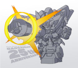 Rule 34 | anniversary, chibi, clenched hands, commentary request, copyright name, english text, full body, gaogaigar, gradient background, grey background, mecha, no humans, ringed eyes, robot, rocket punch, spot color, susagane, yuusha ou gaogaigar, yuusha series