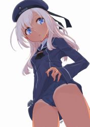 Rule 34 | 1girl, alakoala, blue eyes, blush, breasts, cameltoe, commentary request, cosplay, dress, from below, gluteal fold, hat, highres, kantai collection, long hair, long sleeves, looking at viewer, military, military uniform, one-piece swimsuit, one-piece tan, open mouth, ro-500 (kancolle), sailor collar, sailor hat, school swimsuit, small breasts, solo, swimsuit, swimsuit under clothes, tan, tanline, uniform, z1 leberecht maass (kancolle), z1 leberecht maass (kancolle) (cosplay)