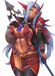 Rule 34 | 1girl, akinaie, armor, black gloves, black thighhighs, breasts, character request, ear covers, earrings, gloves, green eyes, headpiece, jewelry, large breasts, long hair, mask, parted lips, polearm, reverse grip, sack, sengoku bushouki muramasa, silver hair, simple background, smile, solo, thighhighs, weapon, white background