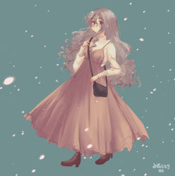 Rule 34 | 1girl, alternate costume, bag, beige sweater, boots, brown dress, brown eyes, brown footwear, commentary request, dress, full body, grey background, grey hair, handbag, highres, kantai collection, looking at viewer, mizunototori, pola (kancolle), simple background, sleeveless, sleeveless dress, solo, wavy hair