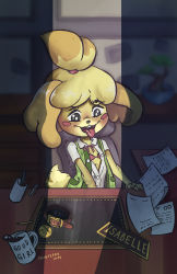Rule 34 | 1girl, :3, absurdres, animal crossing, animal ears, artist name, black eyes, blonde hair, blush, blush stickers, bonsai, bra, buck teeth, chair, character name, coffee, collar, cup, dated, desk, dog ears, dog girl, dog tail, drink, english text, female focus, flat chest, furry, furry female, green vest, hair tie, happy, highres, indoors, isabelle (animal crossing), looking down, motion lines, mug, neck ribbon, nintendo, nose blush, open clothes, open mouth, open shirt, paper, pen, pencil, plaid, plaid vest, red bra, red ribbon, ribbon, shirt, short hair, short sleeves, signature, sitting, smile, snoutless, solo, tail, tail wagging, teeth, tongue, tongue out, topknot, trembling, underwear, upper body, vest, white shirt