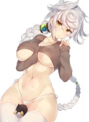 Rule 34 | 10s, 1girl, arm between breasts, bad id, bad twitter id, between breasts, between legs, braid, breasts, cameltoe, clothes lift, failure penguin, hair ornament, kantai collection, large breasts, navel, no pants, panties, pokoten (pokoten718), shirt lift, side-tie panties, silver hair, simple background, single braid, sleeves past wrists, solo, string panties, sweat, thighhighs, underboob, underwear, unryuu (kancolle), white background, white panties, white thighhighs, yellow eyes
