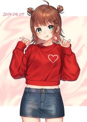 Rule 34 | 1girl, :q, ahoge, bad id, bad twitter id, blue skirt, brown hair, candy, closed mouth, cowboy shot, dated, denim, denim skirt, food, green eyes, hair ornament, hair rings, hairclip, hands up, heart, heart on chest, holding, holding candy, holding food, holding lollipop, lollipop, long sleeves, looking at viewer, midriff, miniskirt, moyui (myi 005), original, pencil skirt, red shirt, shirt, short hair, sidelocks, skirt, smile, solo, standing, tongue, tongue out, v-shaped eyebrows
