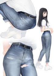 Rule 34 | 1girl, ama mitsuki, arms behind back, ass, belt, belt buckle, black hair, brown eyes, buckle, denim, full body, high-waist pants, jeans, long hair, looking at viewer, looking back, mask, mouth mask, multiple views, original, own hands together, pants, shirt, shirt tucked in, short sleeves, simple background, squatting, standing, torn clothes, torn jeans, torn pants, white background, white footwear, white shirt