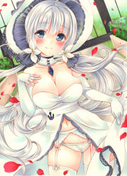 Rule 34 | 1girl, ahoge, azur lane, bare shoulders, blue eyes, blush, breasts, cleavage, closed mouth, clothes lift, collarbone, cowboy shot, dress, dress lift, elbow gloves, flower, garter belt, garter straps, gloves, hair flower, hair ornament, hat, highres, illustrious (azur lane), legs apart, lifting own clothes, long hair, looking at viewer, low twintails, marker (medium), mole, mole under eye, navel, panties, saya pr, silver hair, smile, solo, strapless, strapless dress, sun hat, thighhighs, traditional media, twintails, underwear, very long hair, white dress, white flower, white gloves, white hat, white panties, white thighhighs