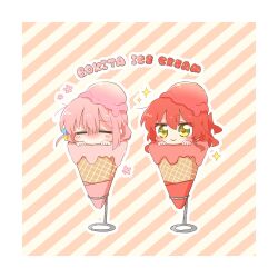 Rule 34 | 2girls, blush, bocchi the rock!, border, chibi, chibi only, closed eyes, closed mouth, commentary request, cube hair ornament, english text, flower, food, gotoh hitori, hair ornament, ice cream, ice cream cone, ice cream stand, in food, kita ikuyo, long hair, looking at viewer, mini person, minigirl, multiple girls, one side up, pink hair, rebecca (keinelove), red hair, sparkle, striped background, white border, yellow eyes