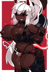 Rule 34 | 1boy, 1girl, absurdres, animal ears, black choker, black sclera, grabbing another&#039;s breast, breasts, breasts out, choker, clothes pull, colored sclera, commentary, cum, dark-skinned female, dark skin, ejaculation, elbow pads, english commentary, faceless, faceless male, fox ears, fox tail, gloves, grabbing, grabbing from behind, grin, halterneck, heavy breathing, highleg, highleg panties, highres, holding another&#039;s arm, kneehighs, long hair, looking down, micro shorts, mole, mole under eye, nipples, original, panties, penis, ponytail, red eyes, shorts, smile, smirk, socks, sports bra, sports bra pull, standing, tail, thigh sex, underwear, very long hair, white hair, white tail, zanamaoria