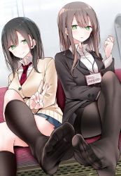 Rule 34 | 2girls, @ @, argyle clothes, argyle necktie, black hair, blue skirt, blush, brown hair, business suit, cardigan, collared shirt, commentary request, crossed legs, feet, fine fabric emphasis, foot out of frame, foreshortening, formal, green eyes, hair between eyes, hand on lap, hand up, highres, indoors, jk-chan (oouso), kneehighs, lanyard, long sleeves, looking at viewer, looking down, miniskirt, multiple girls, necktie, no shoes, office lady, ol-chan (oouso), oouso, original, pantyhose, parted lips, pencil skirt, pleated skirt, red necktie, school uniform, seat, shadow, shiny clothes, shirt, siblings, sidelocks, sisters, sitting, skirt, skirt suit, smile, socks, suit, thighs, toes, train interior, v