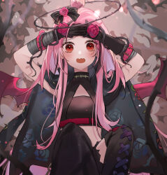 Rule 34 | 1girl, absurdres, ameki rei, bandaged arm, bandages, black gloves, blush, bow, commentary, covering forehead, demon wings, embarrassed, english commentary, flower, gloves, hair bow, hair bun, hair flower, hair ornament, halo, highres, jacket, jacket on shoulders, long hair, midriff, mixed-language commentary, multicolored hair, nijisanji, nijisanji en, open mouth, pink hair, plant, red eyes, red flower, red rose, rose, rosemi lovelock, rosemi lovelock (4th costume), solo, streaked hair, thorns, very long hair, vines, virtual youtuber, wavy mouth, wings