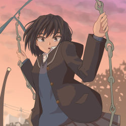 Rule 34 | 1girl, :o, amagami, black hair, black jacket, black sailor collar, black skirt, blazer, blue sweater vest, brown eyes, building, commentary, dress shirt, dusk, eyelashes, floating hair, from below, highres, jacket, kibito high school uniform, looking at viewer, looking down, nanasaki ai, offter, open mouth, orange sky, overcast, pleated skirt, power lines, sailor collar, school uniform, shirt, short hair, skirt, sky, solo, standing, standing on swing, sweater vest, swing, swing set, swinging, thick eyebrows, tree, upper body, utility pole, white shirt