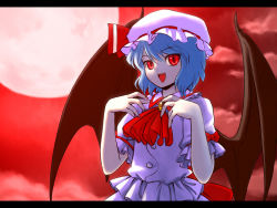 Rule 34 | 1girl, ascot, bad id, bad pixiv id, bat wings, blue hair, brooch, chagen kokimu, dress, female focus, full moon, hat, jewelry, letterboxed, moon, open mouth, red eyes, red moon, remilia scarlet, short hair, slit pupils, smile, solo, touhou, upper body, wings