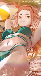 1girl absurdres alternate_costume alternate_hairstyle aqua_bikini armpits arms_behind_head arms_up bad_anatomy ball beachball bikini breasts bright_pupils changli_(wuthering_waves) closed_mouth commentary cowboy_shot highleg highleg_bikini highres large_breasts long_hair looking_at_viewer lying navel on_back pink_hair ryeon_(bluetom1) sand sidelocks smile solo stomach swimsuit tacet_mark_(wuthering_waves) very_long_hair white_pupils wuthering_waves yellow_eyes