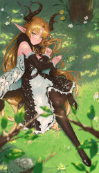 Rule 34 | 1girl, absurdres, antlers, black dress, black footwear, blonde hair, blush, brown pantyhose, closed mouth, commentary, detached sleeves, dress, elf, english commentary, fieryonion, full body, highres, horns, knee up, long hair, long pointy ears, long sleeves, looking at viewer, lying, original, pantyhose, parted bangs, pointy ears, sleeveless, sleeveless dress, smile, solo, very long hair, yellow eyes