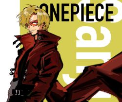 1boy blonde_hair character_name cigarette coat commentary_request copyright_name curly_eyebrows facial_hair floating_clothes goatee green_background high_collar highres long_sleeves male_focus mrjieshisu mustache_stubble one_piece orange-tinted_eyewear red_coat sanji_(one_piece) short_hair smile solo stubble sunglasses tinted_eyewear upper_body