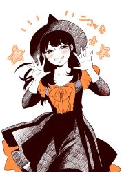 Rule 34 | 1girl, black eyes, black hair, blush, breasts, commentary request, cowboy shot, halloween costume, hands up, hat, highres, looking at viewer, medium breasts, medium hair, nikaidou kou, open hands, original, ribbon, simple background, skirt, smile, solo, star (symbol), white background, witch hat