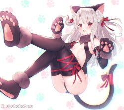 Rule 34 | 1girl, animal ear fluff, animal ears, animal hands, ass, bare shoulders, bell, black gloves, black sleeves, black thighhighs, blush, breasts, cat ears, cat tail, center opening, commentary request, detached sleeves, fake animal ears, fate/grand order, fate (series), full body, fur-trimmed gloves, fur collar, fur trim, gloves, hair bell, hair between eyes, hair ornament, hair ribbon, illyasviel von einzbern, illyasviel von einzbern (beast style), jingle bell, long hair, looking at viewer, official alternate costume, open mouth, paw gloves, paw print, paw print background, paw shoes, red eyes, red ribbon, ribbon, shoes, sidelocks, small breasts, solo, suzuho hotaru, tail, tail ornament, tail ribbon, thighhighs, twitter username