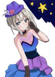 Rule 34 | 1girl, absurdres, aoba moca, bang dream!, bare shoulders, blue eyes, breasts, cleavage, collarbone, dress, flower, frilled dress, frills, gloves, hat, hat flower, highres, jewelry, necklace, pocari (sq551), sash, silver hair